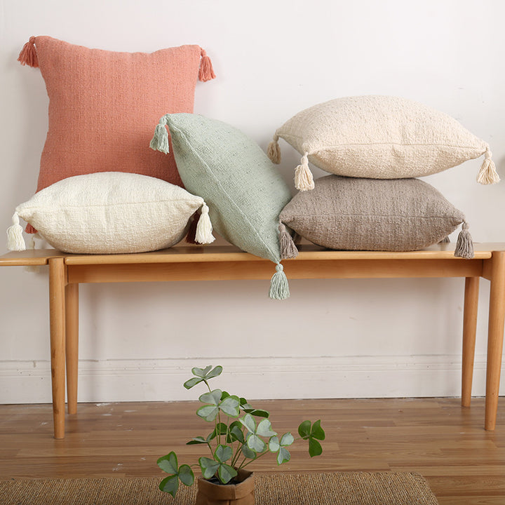 Decorative Rectangular and Square Textured Chenille Throw Pillow Set with Corner Tassels