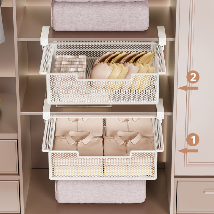 Pull-Out Under-Shelf Ventilated Metal Mesh Storage Drawer for Wardrobe and Closet Organization