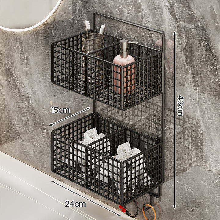 Wall-Mounted Metal Grid Bathroom Caddy with Triple Compartments Hooks and Drainable Base