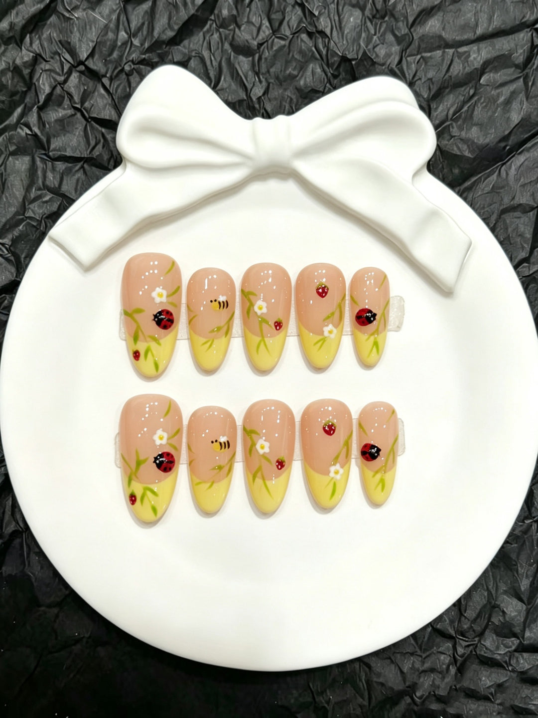 Artistic Press-On Nail Set with Floral and Insect Designs