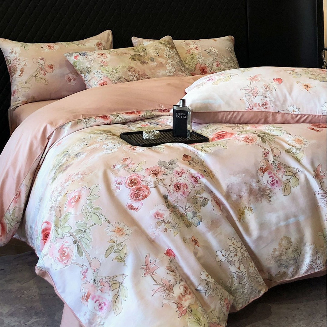 Luxurious cotton satin bedding set with large floral botanical print