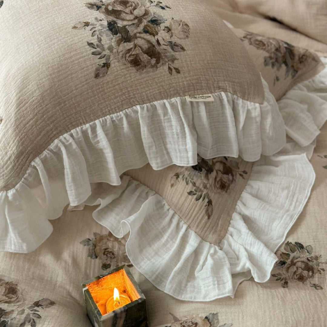 Crinkled Cotton Ruffled Duvet Cover Set with Floral Textured Finish & Frilled Shams