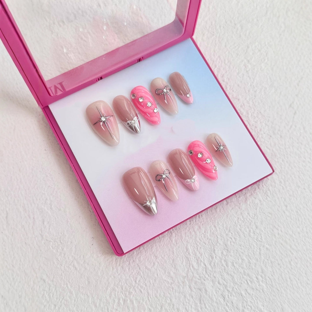 Luxury Press-On Nail Art Set with Decorative Gem and Bow Accents