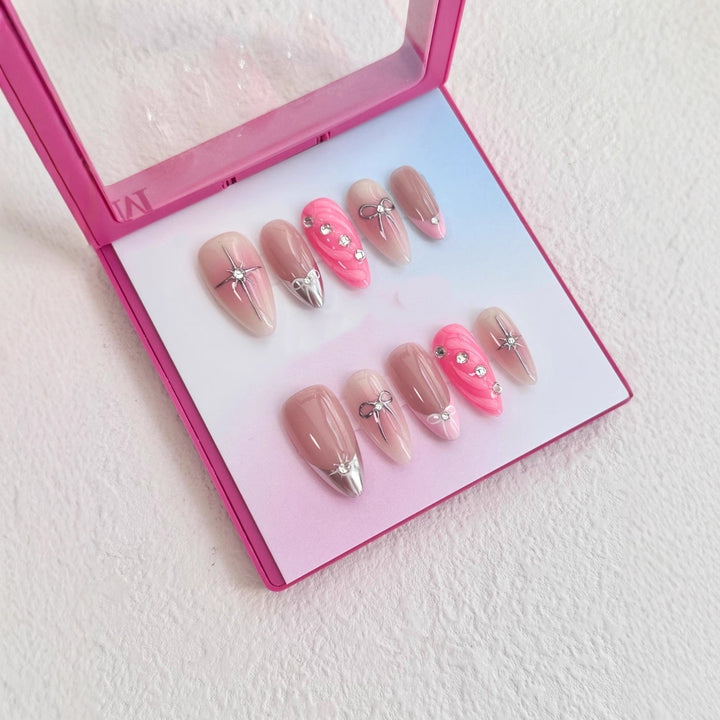 Luxury Press-On Nail Art Set with Decorative Gem and Bow Accents