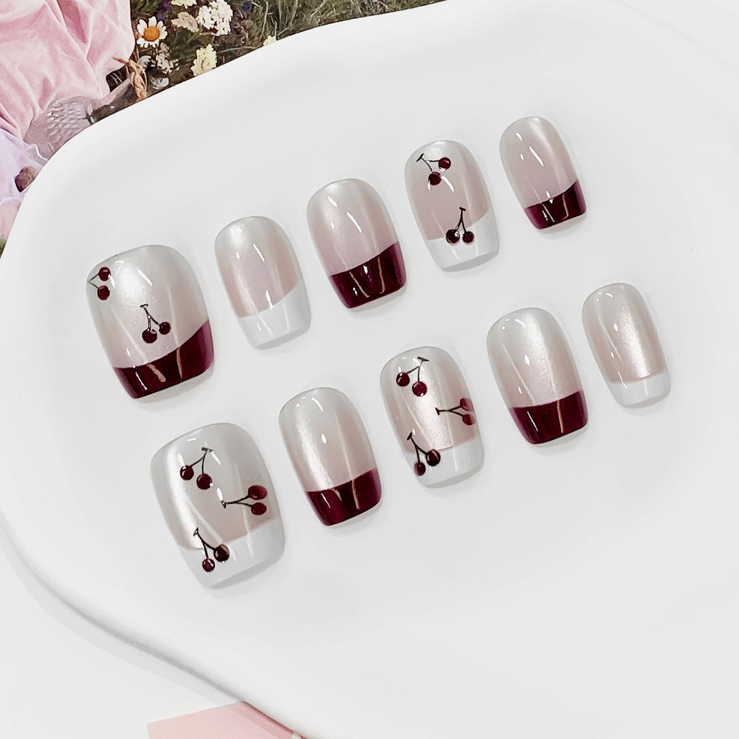 Artistic nail tips with cherry design Stornfield