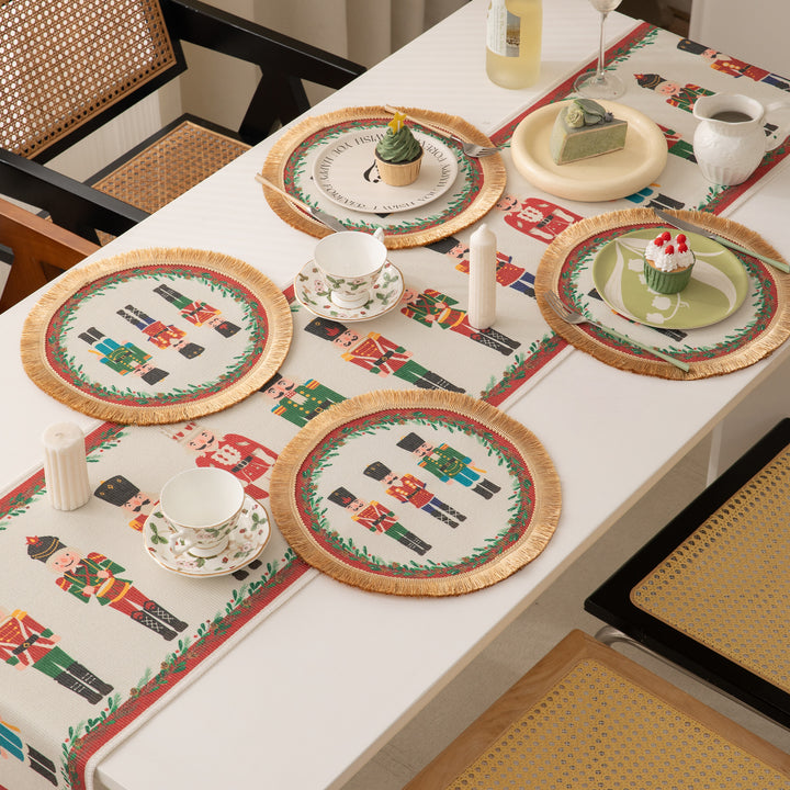 Christmas Jacquard Table Runner with Nutcracker Motif and Fringes