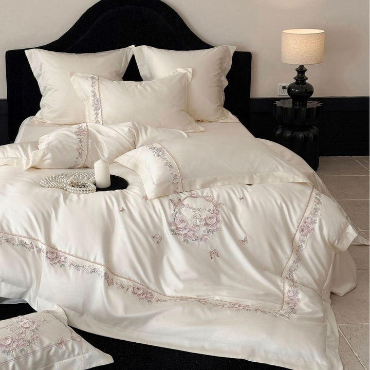 Satin bedding set with embroidered rose border and fine silk shine