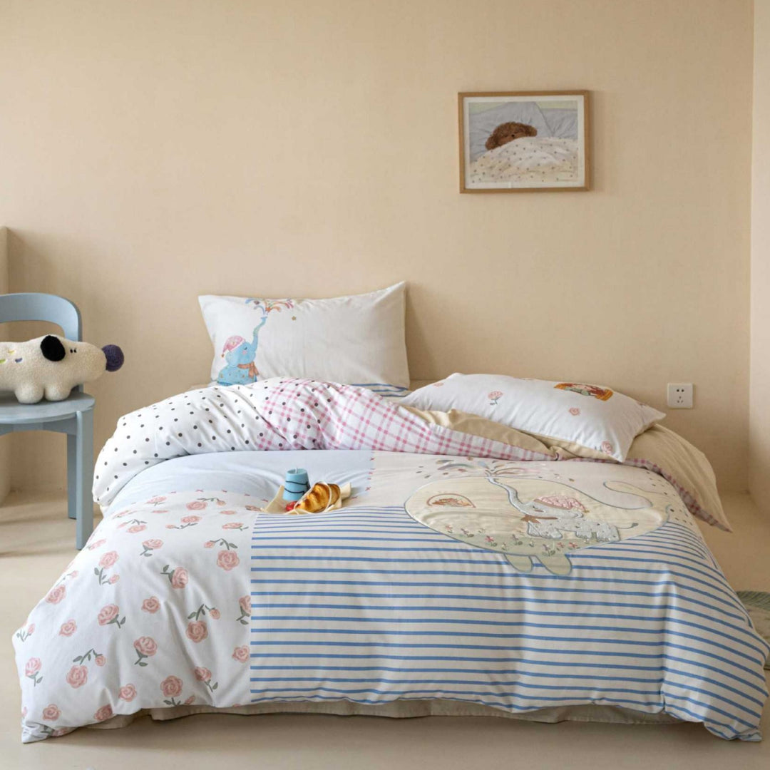 Children's Reversible Cotton Duvet Cover Set with Playful Elephant Print and Mixed Floral-Stripe Patchwork