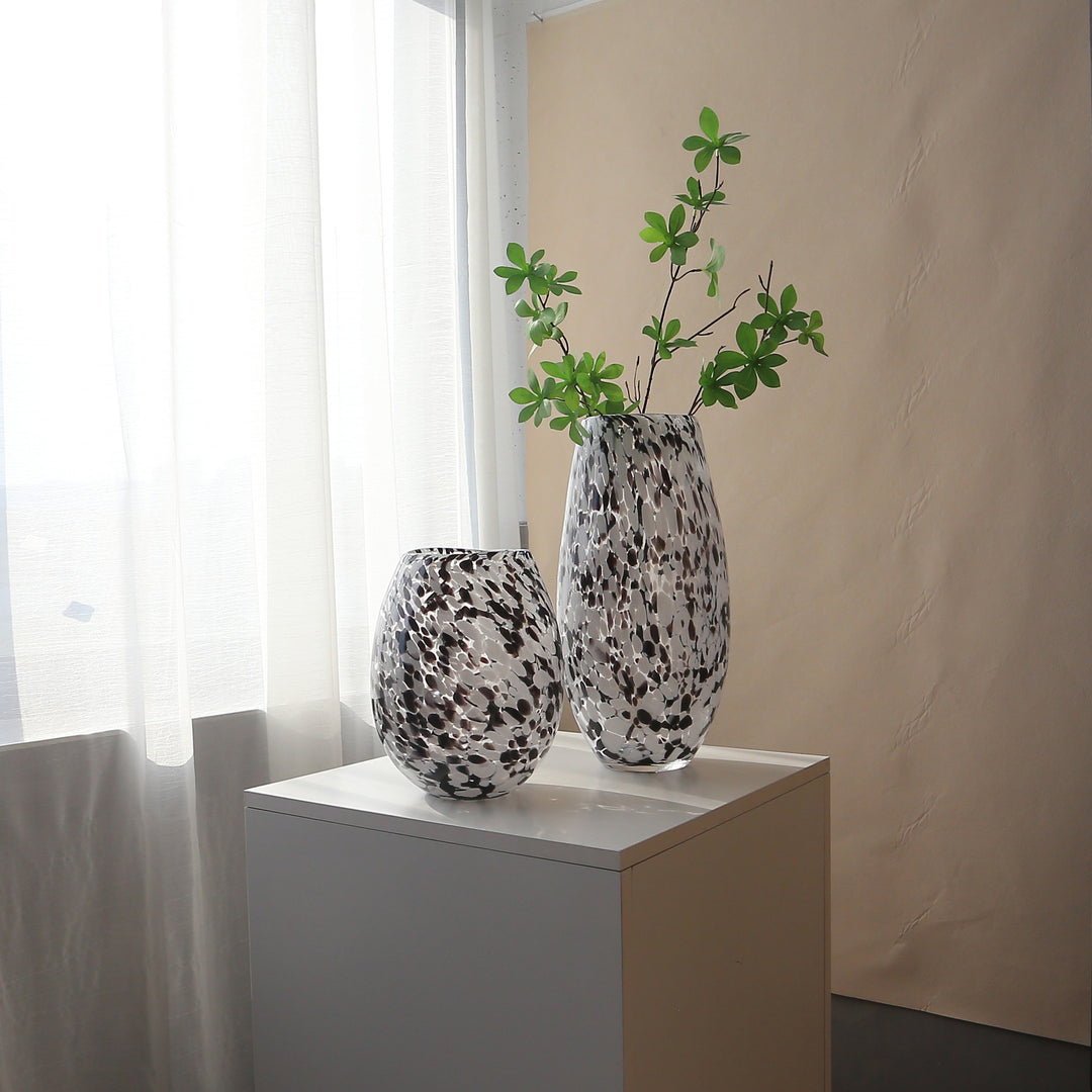 Handblown Speckled Art Glass Vase Pair with Sculptural Tall-and-Short Silhouettes Stornfield