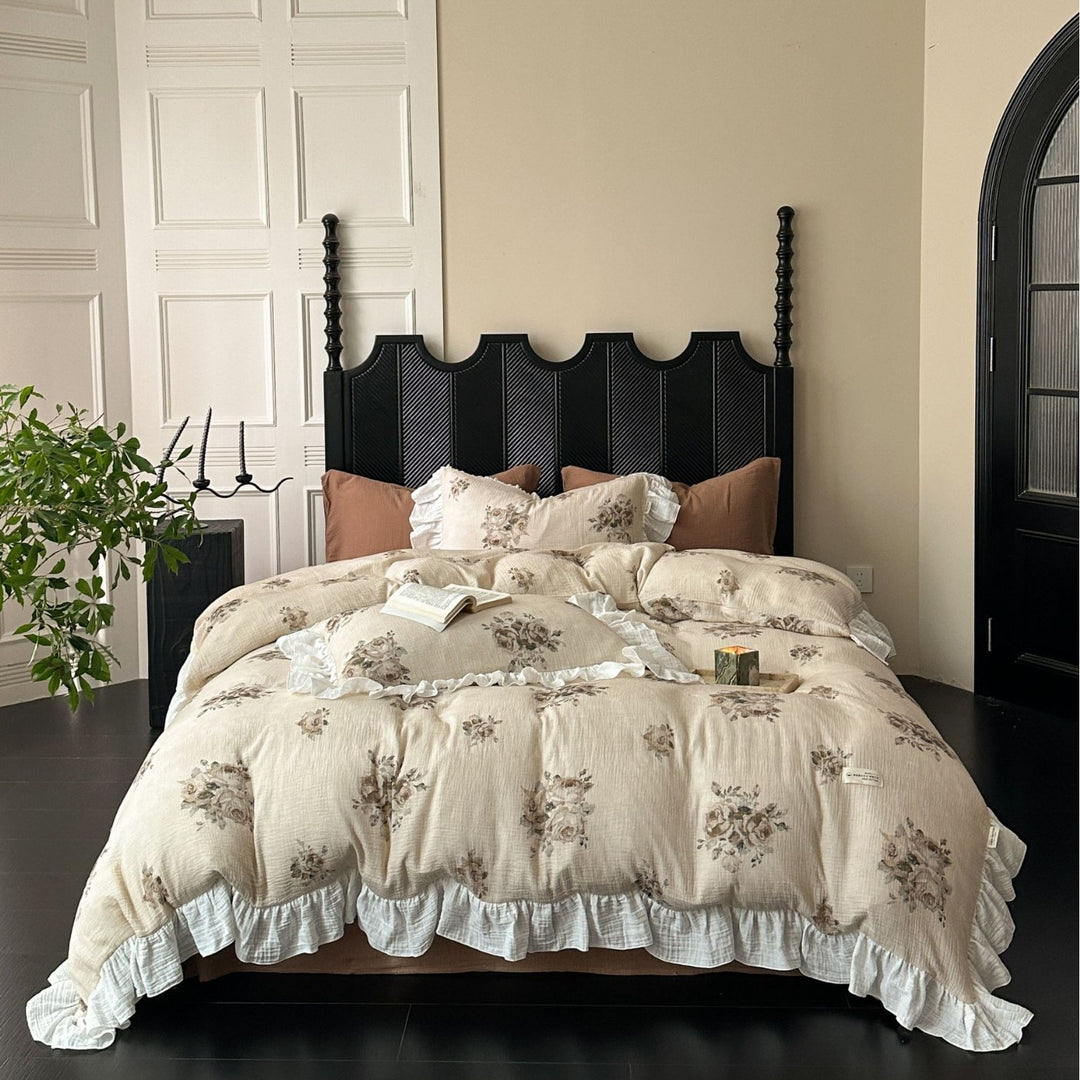 Crinkled Cotton Ruffled Duvet Cover Set with Floral Textured Finish & Frilled Shams