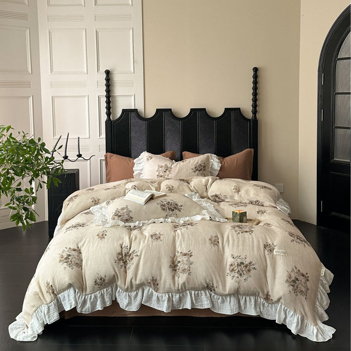 Crinkled Cotton Ruffled Duvet Cover Set with Floral Textured Finish & Frilled Shams