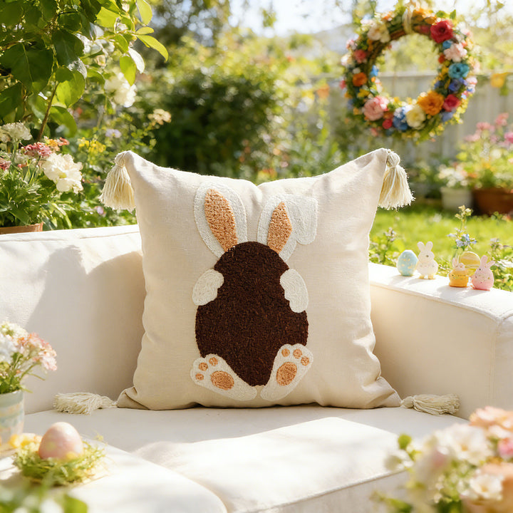 Embroidered Bunny Linen Blend Lumbar Throw Pillow with Tassel Corners