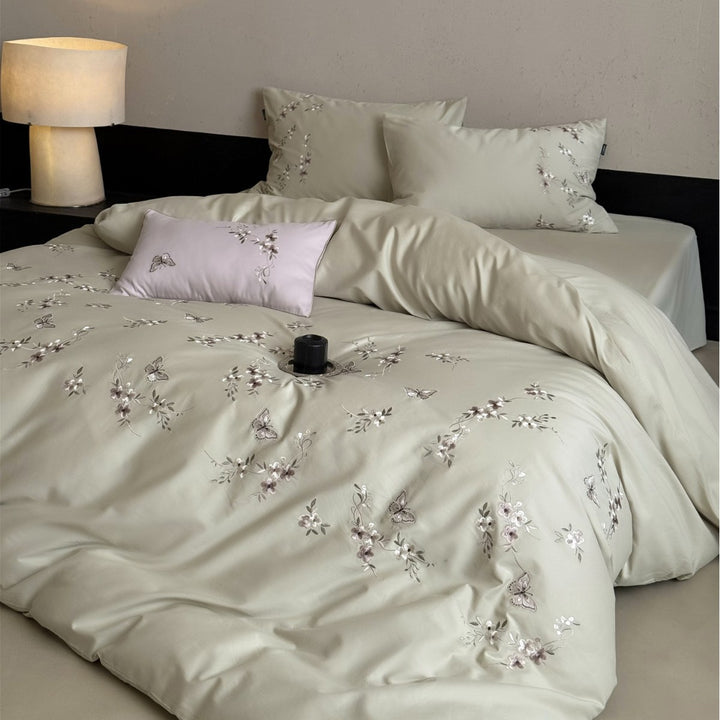 Embroidered Floral Butterfly Cotton Sateen Duvet Cover Set with Pillow Shams