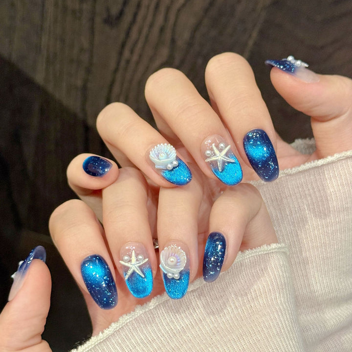 Ocean-Inspired Press-On Nail Set with Starfish and Shell Designs