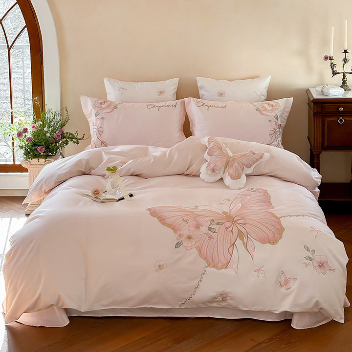 Embroidered Silk-Feel Butterfly Floral Duvet Cover Set