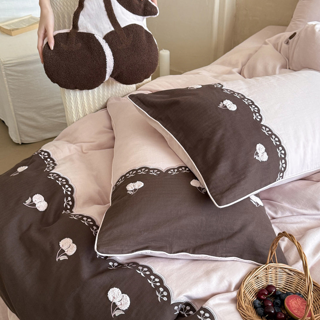 Embroidered Cherry Cotton Duvet Cover Set with Reversible Quilted Comforter and Piped Pillow Shams