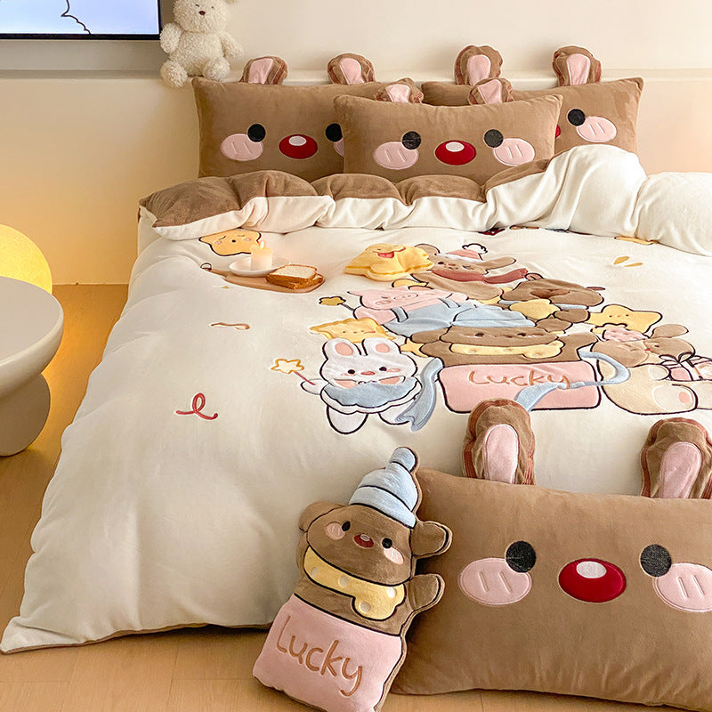 Cozy bedding set with embroidered cartoon cats and plush appliqués