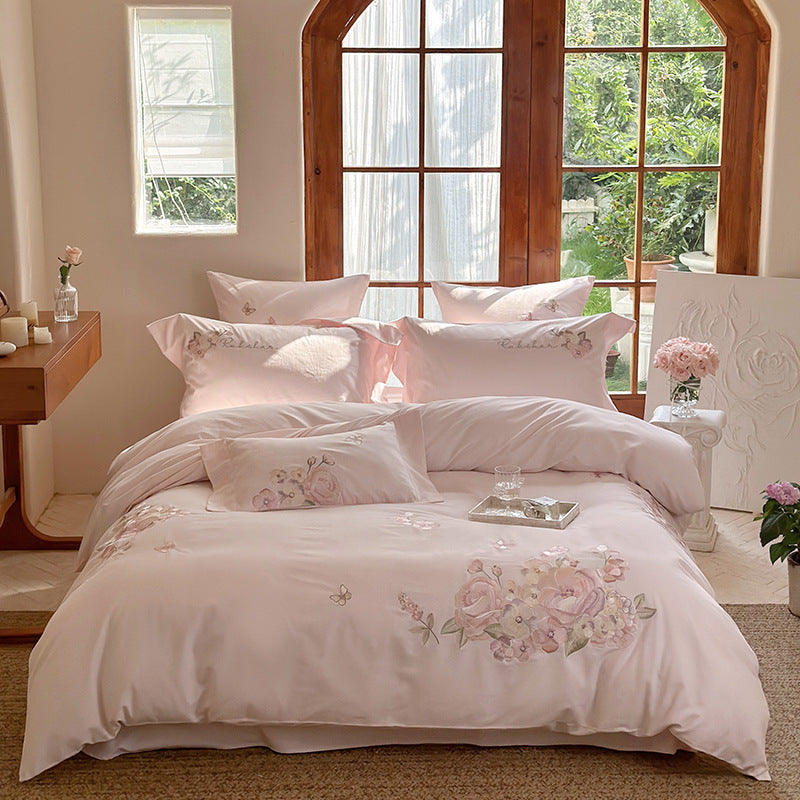 Embroidered Floral Satin Duvet Cover Set with Decorative Bow and Matching Pillow Shams