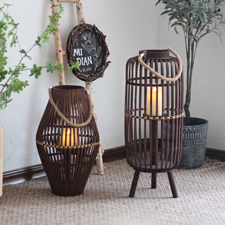 Stylish lantern made of rattan with wooden frame Stornfield