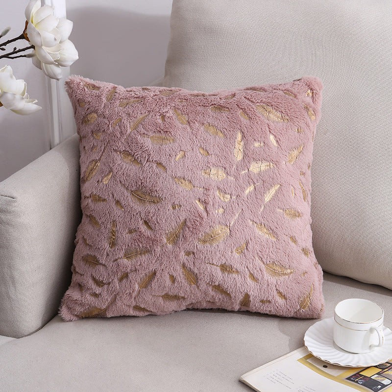 Plush Faux Fur Square Throw Pillow Cover with Metallic Leaf Embroidery