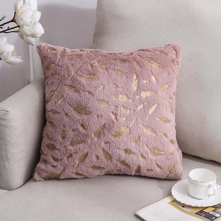 Plush Faux Fur Square Throw Pillow Cover with Metallic Leaf Embroidery