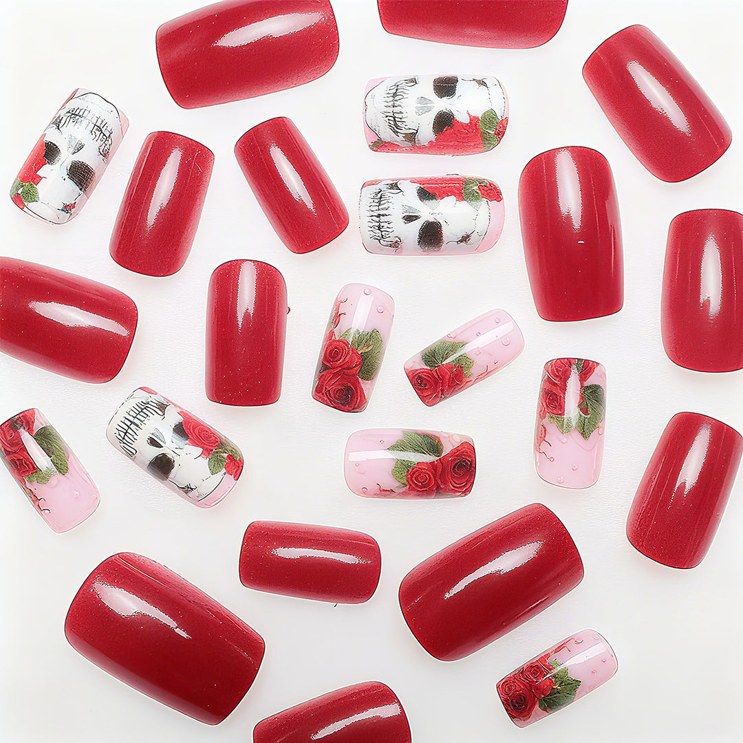 Artistic Nail Tips with Skull and Rose Pattern Stornfield