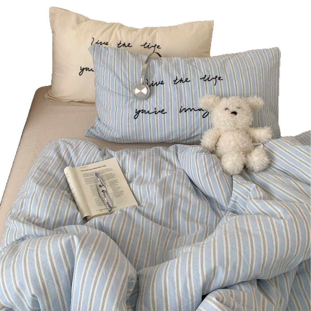 Reversible Cotton Duvet Cover Set with Script-Embroidered Pillowcases and Deep-Pocket Fitted Sheet