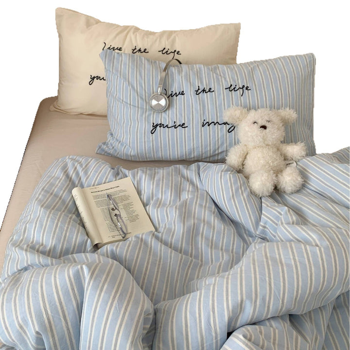 Reversible Cotton Duvet Cover Set with Script-Embroidered Pillowcases and Deep-Pocket Fitted Sheet