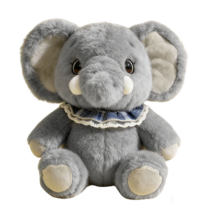 Plush Elephant Sitting Cuddler with Lace-Trimmed Plaid Collar & Bean-Fill Base Stornfield