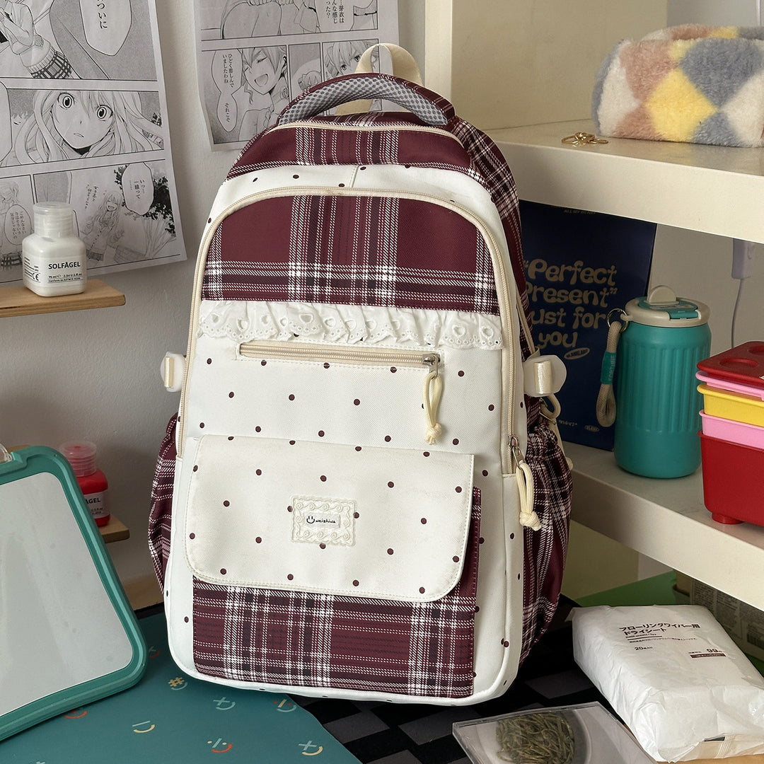 Plaid Patterned School Backpack with Cute Bunny Keychain Stornfield