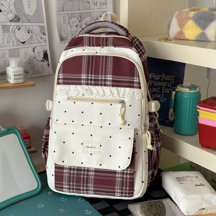 Plaid Patterned School Backpack with Cute Bunny Keychain Stornfield