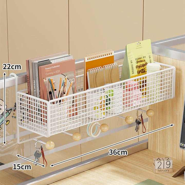 Desk Rail-Mounted Mesh Organizer Basket with Hooks