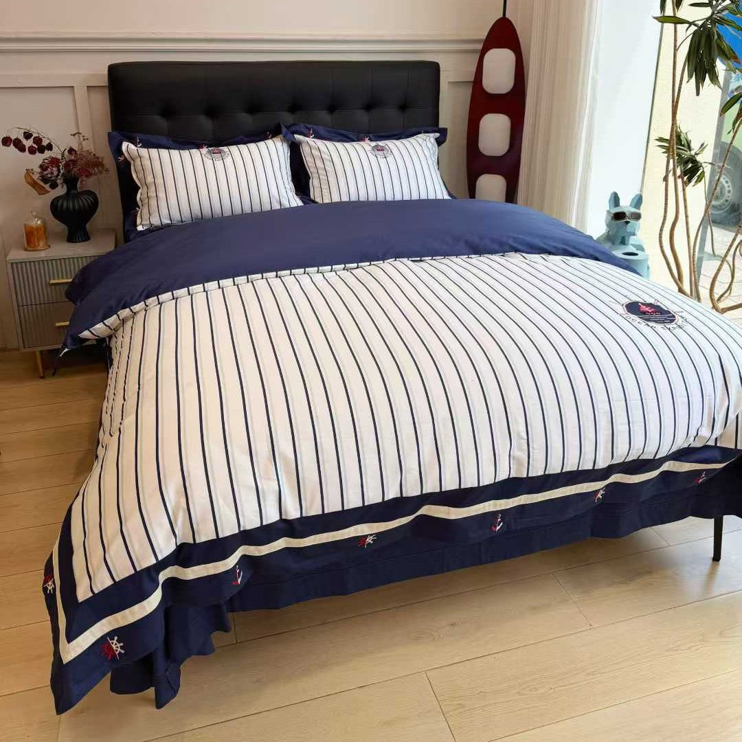 Striped Nautical Cotton Sateen Duvet Cover Set with Embroidered Anchor Details and Ruffled Bed Skirt