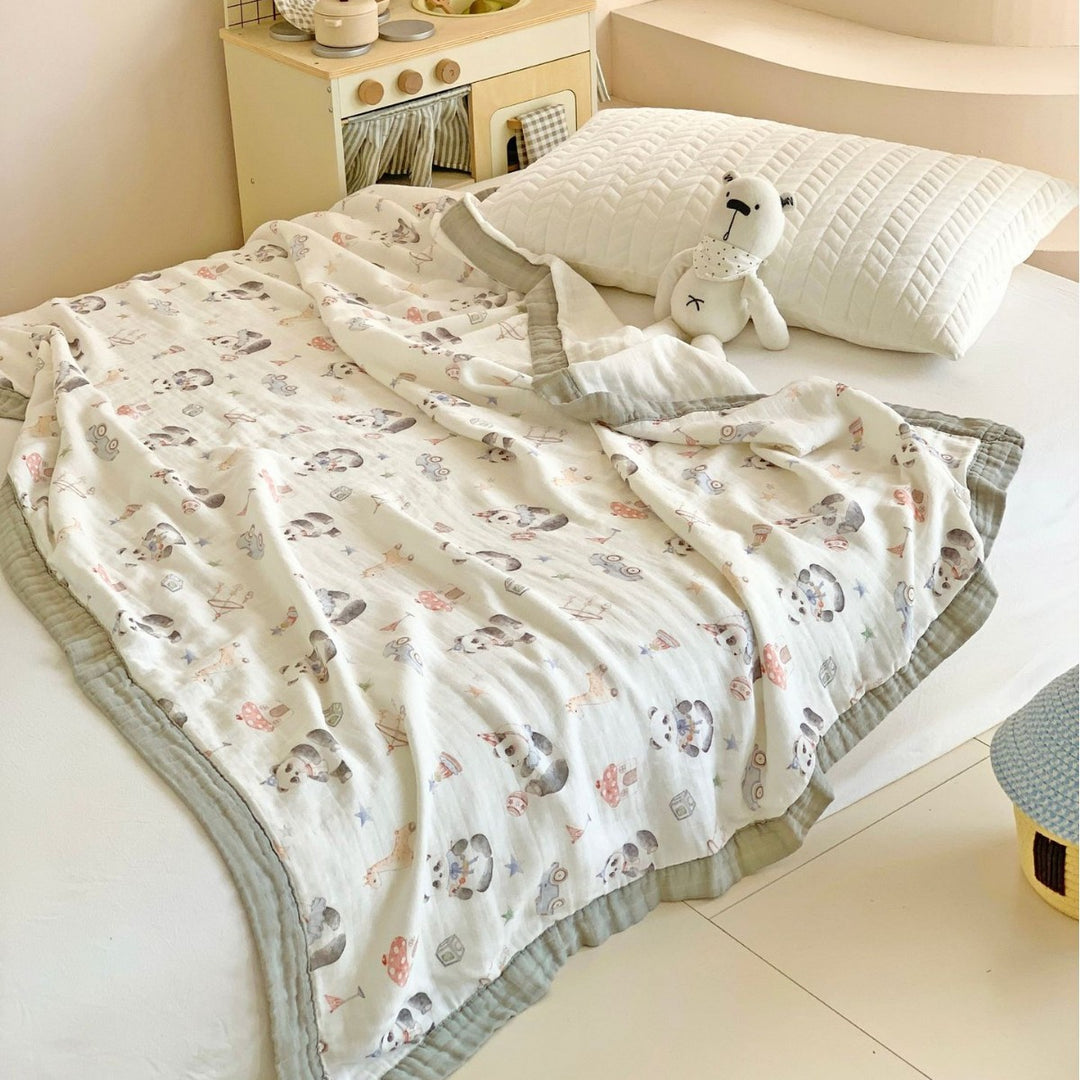 Muslin Cotton Blanket with Whimsical Animal Print and Quilted Border