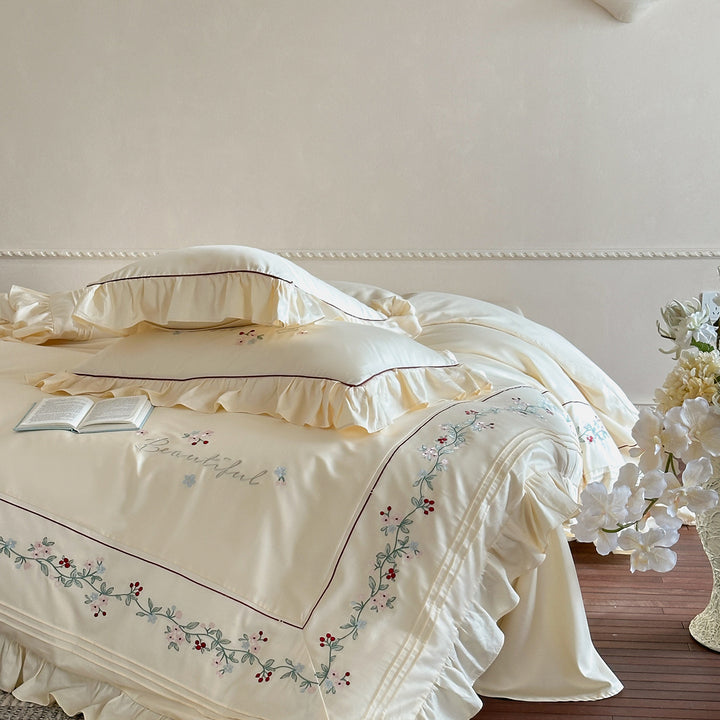Luxury Ruffled Embroidered Cotton-Sateen Duvet Cover Set with Floral Vine Border
