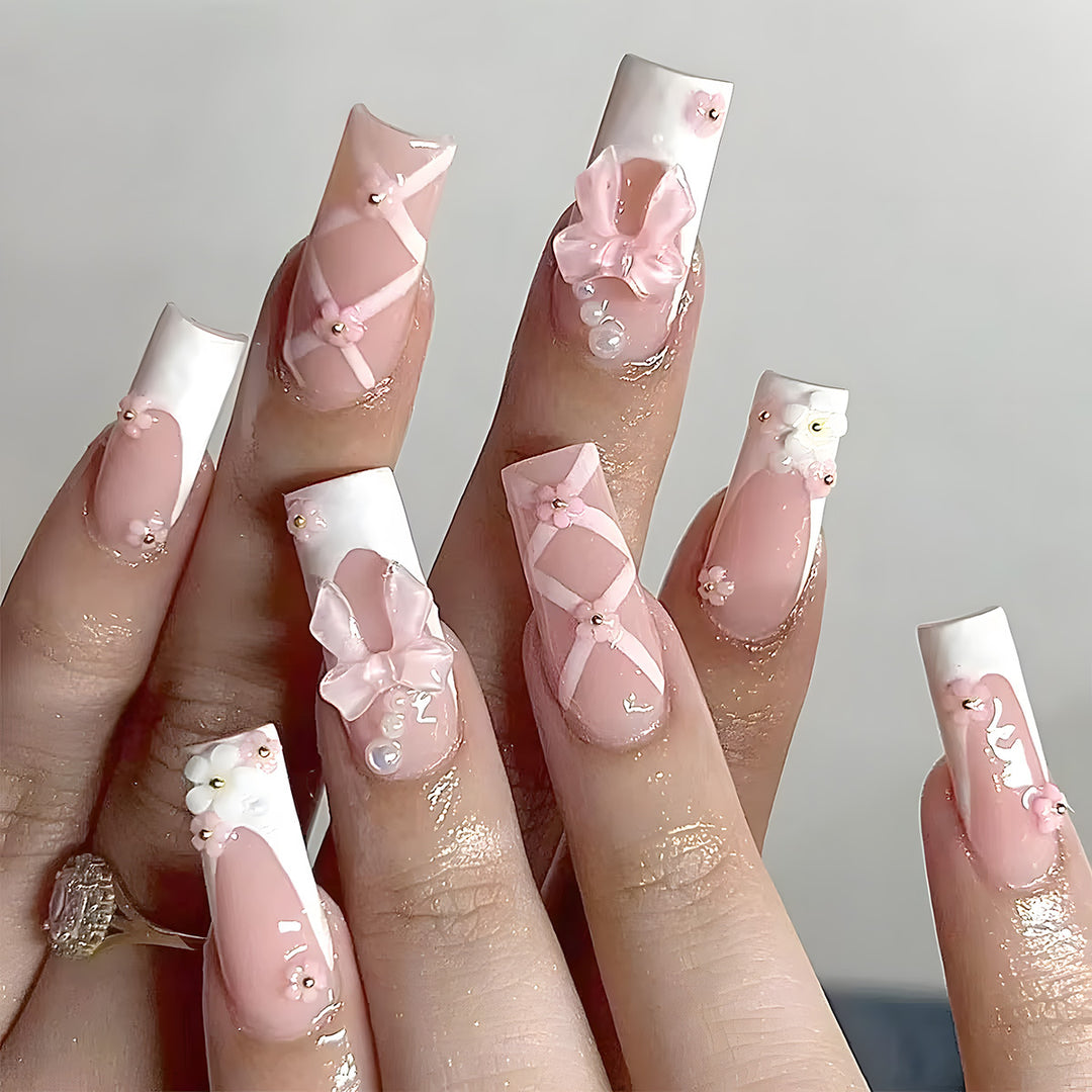 Floral Bow-Embellished Long Press-On Nails Stornfield