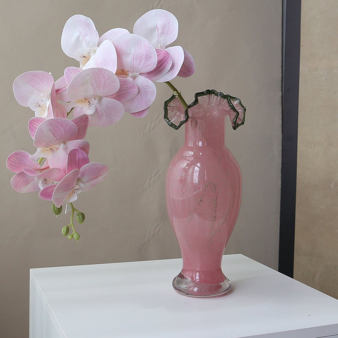 Handblown Ruffled-Edge Tall Pedestal Art Glass Vase Stornfield