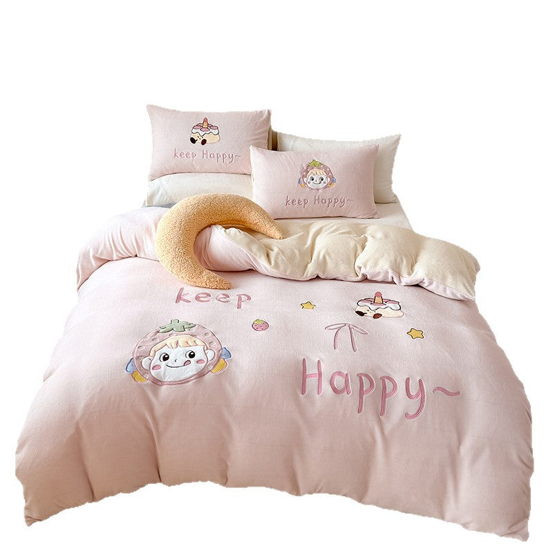 Children's bedding set with cuddly fleece blanket and pillowcases bunny motif