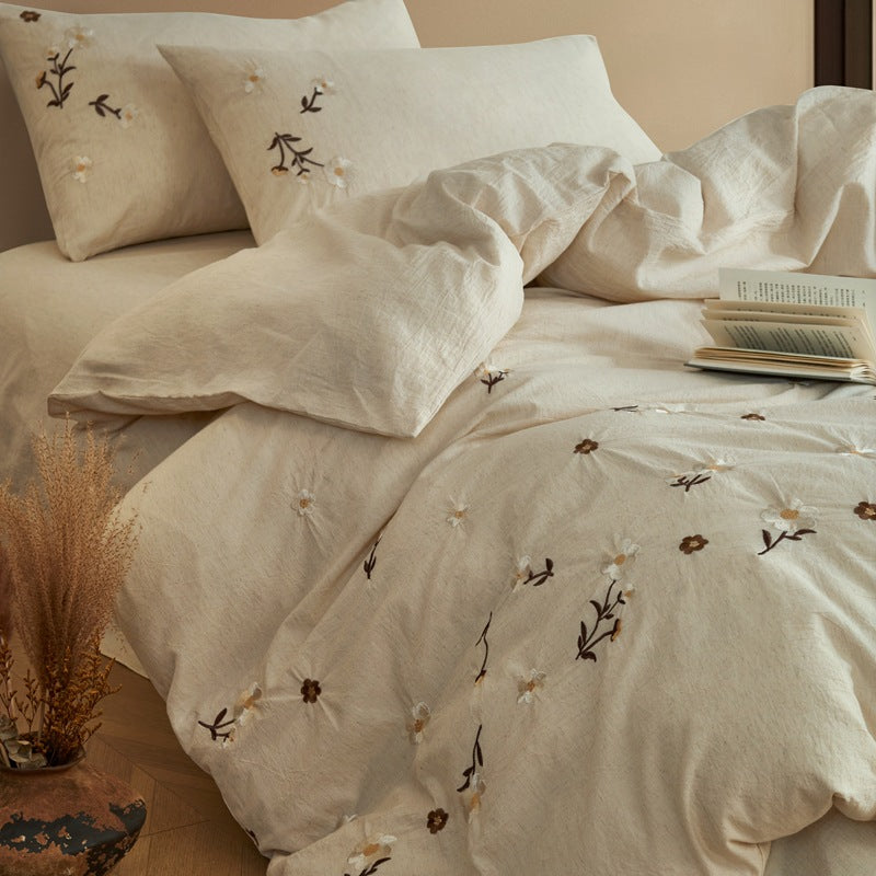 Breathable Washed Cotton Duvet Cover Set with Green Fruit Embroidery and Pillow Shams