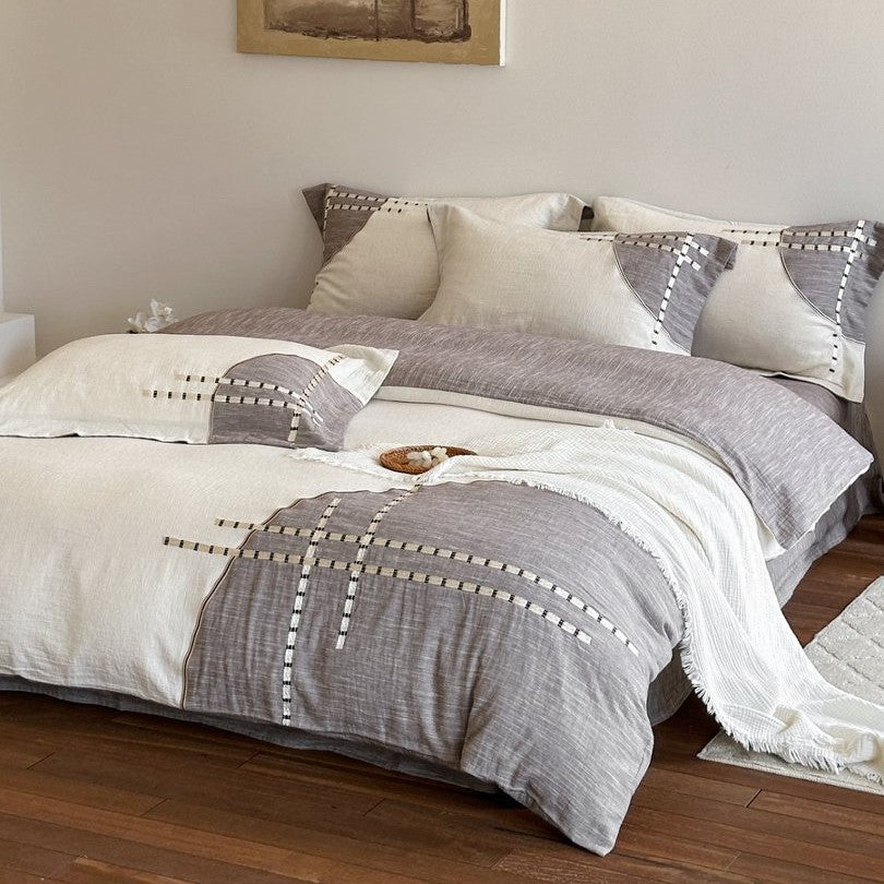 Linen-Blend Duvet Cover Set with Geometric Stitch Embroidery