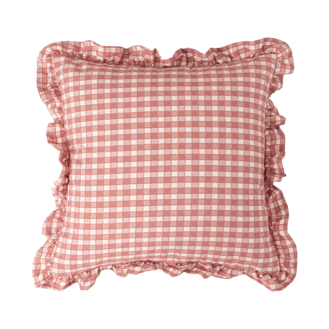 Decorative cushion with gingham pattern and playful ruffled edge