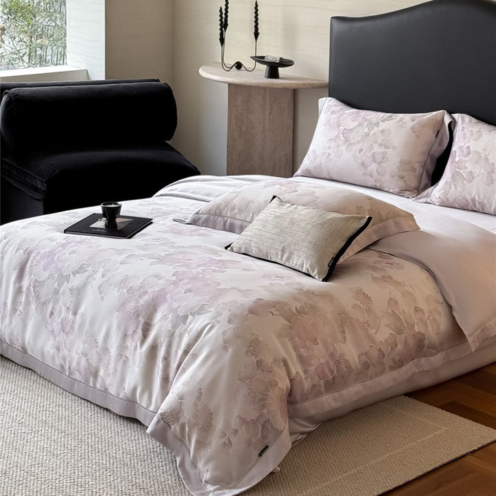 Pastel Watercolor Floral Sateen-Back Duvet Cover Set with Piped Hem