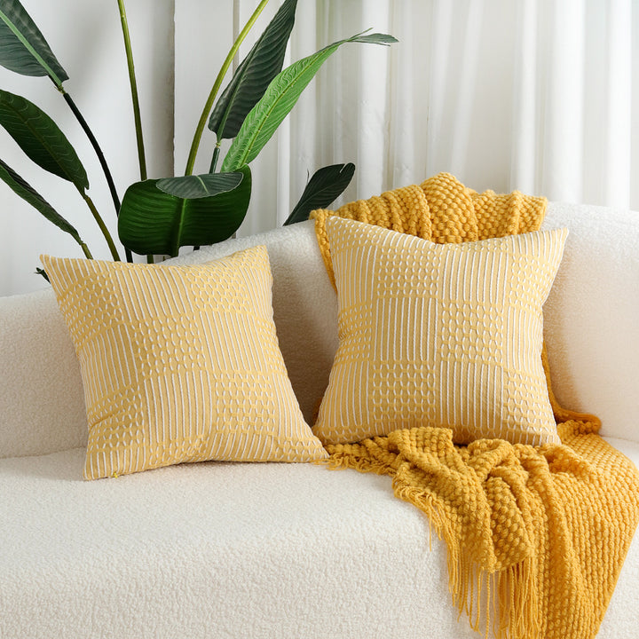 Stitched Geometric Cotton-Linen Square Throw Pillow Cover with Hidden Zipper