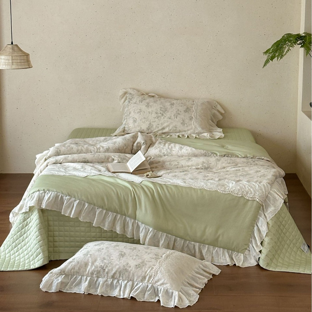 Floral Ruffled Cotton Duvet Cover and Pillowcase Bedding Set