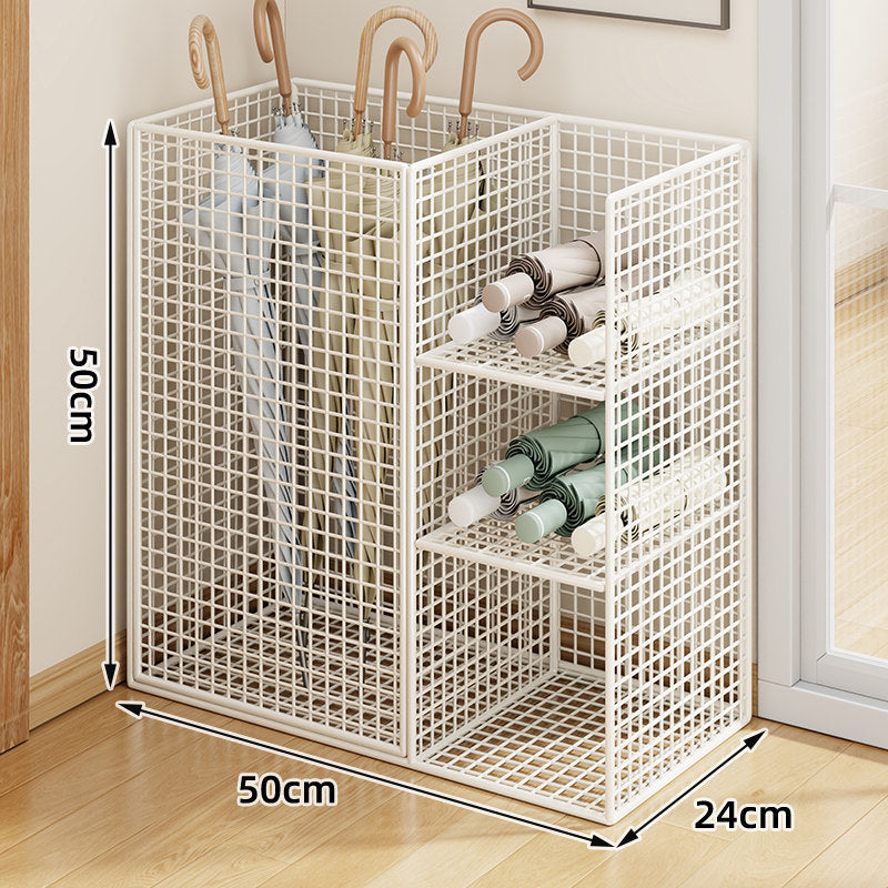 Metal Grid Umbrella and Folded-Umbrella Organizer Stand with Multi-Compartment Shelves