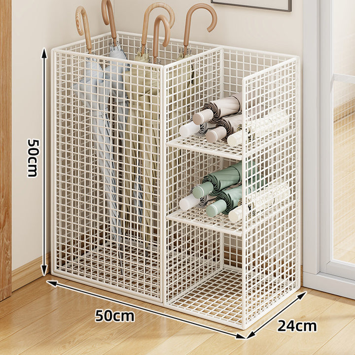 Metal Grid Umbrella and Folded-Umbrella Organizer Stand with Multi-Compartment Shelves