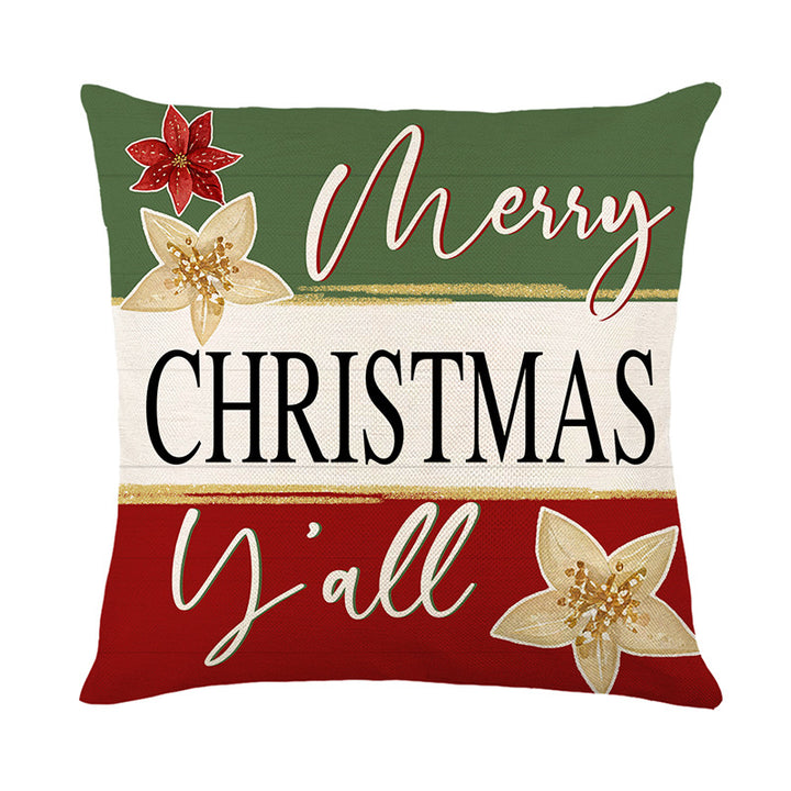Holiday Cotton-Linen Square Throw Pillow Cover with 'Merry Christmas Y'all' Script and Gold Poinsettia Accents