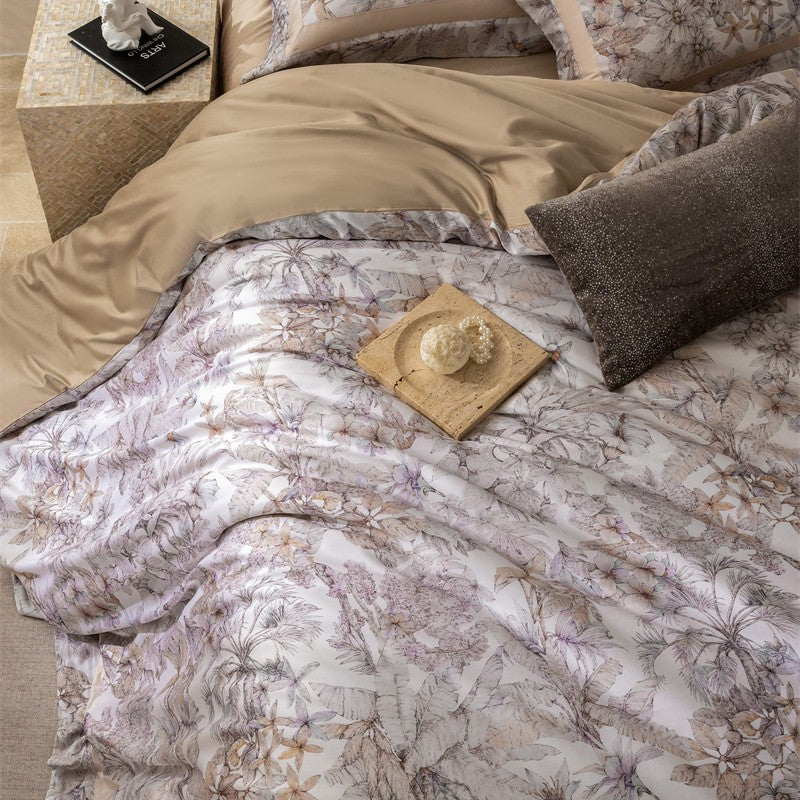 Reversible Botanical-Print Cotton Sateen Duvet Cover Set with Silky Sateen Reverse & Hidden Closure