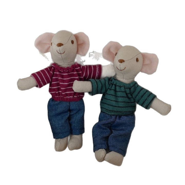 Handcrafted Linen Mouse Plush Doll with Striped Knit Shirt and Denim Pants