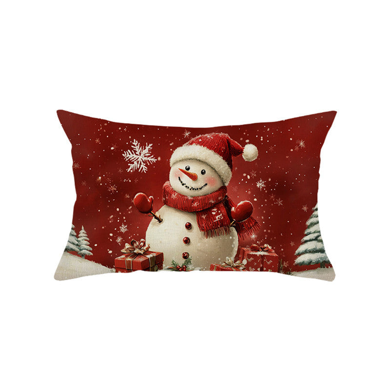 Festive Cotton-Linen Christmas Decorative Rectangular Pillow Cover with Santa Illustration and Hidden Zipper